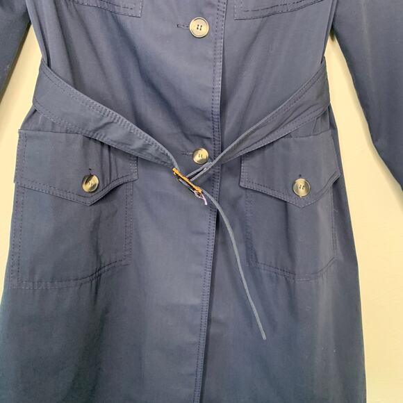 Navy Blue Vintage 70s 80s Trench Coat Horn Button Style Belted Classic Medium - Picture 9 of 15